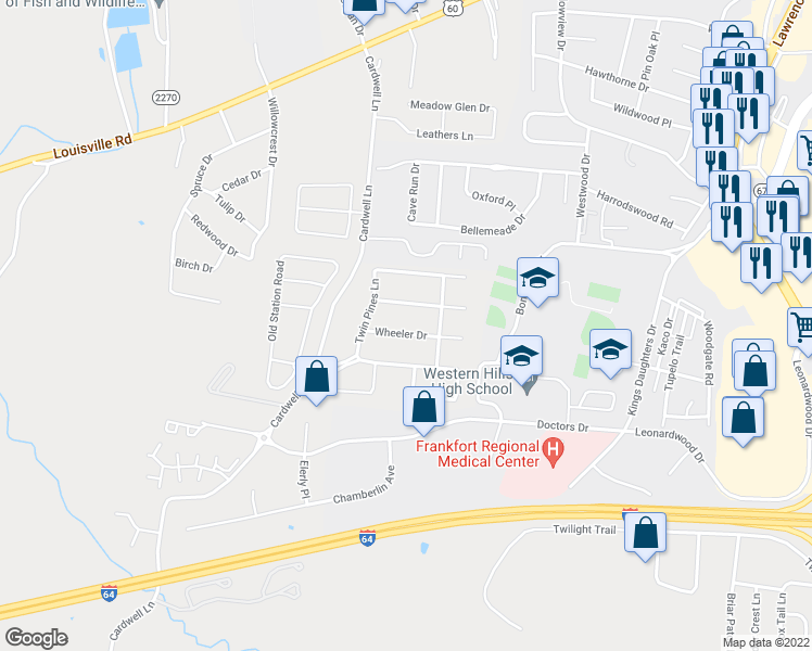 map of restaurants, bars, coffee shops, grocery stores, and more near 121 Wheeler Drive in Frankfort