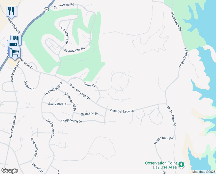 map of restaurants, bars, coffee shops, grocery stores, and more near 654 Spyglass Road in Valley Springs