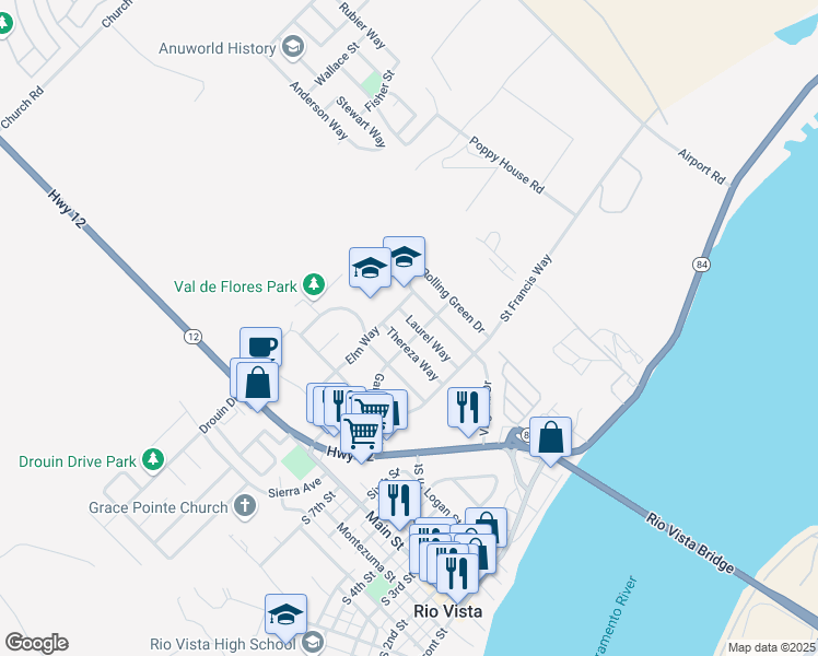 map of restaurants, bars, coffee shops, grocery stores, and more near 917 Laurel Way in Rio Vista