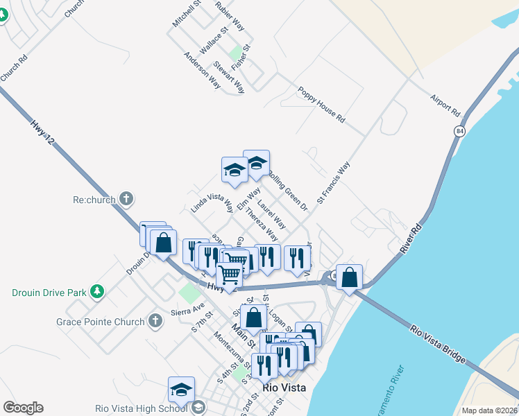 map of restaurants, bars, coffee shops, grocery stores, and more near 917 Laurel Way in Rio Vista