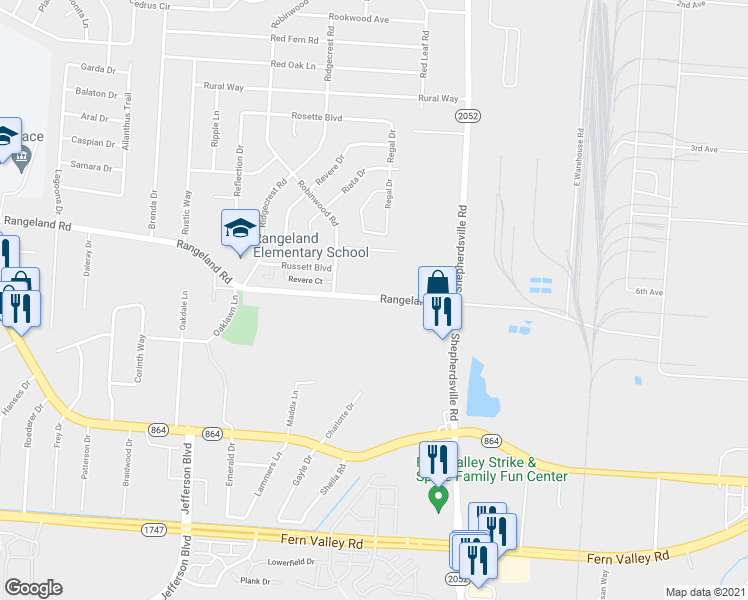 map of restaurants, bars, coffee shops, grocery stores, and more near 1818 Rangeland Road in Louisville