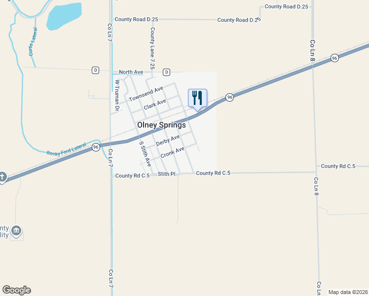 map of restaurants, bars, coffee shops, grocery stores, and more near 601 Cronk Avenue in Olney Springs