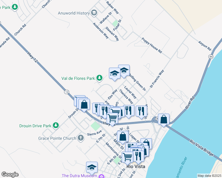 map of restaurants, bars, coffee shops, grocery stores, and more near 1003 Linda Vista Way in Rio Vista