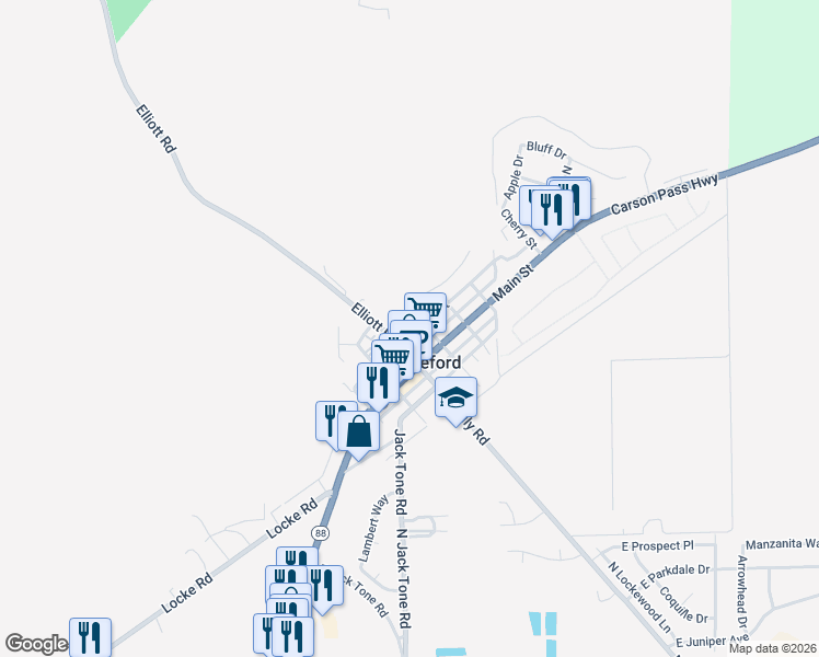 map of restaurants, bars, coffee shops, grocery stores, and more near 13569 Church Street in Lockeford