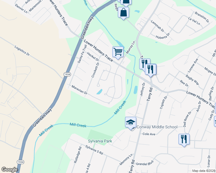 map of restaurants, bars, coffee shops, grocery stores, and more near 6509 Hunters Chase Lane in Louisville