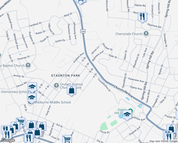 map of restaurants, bars, coffee shops, grocery stores, and more near 639 C Street in Staunton