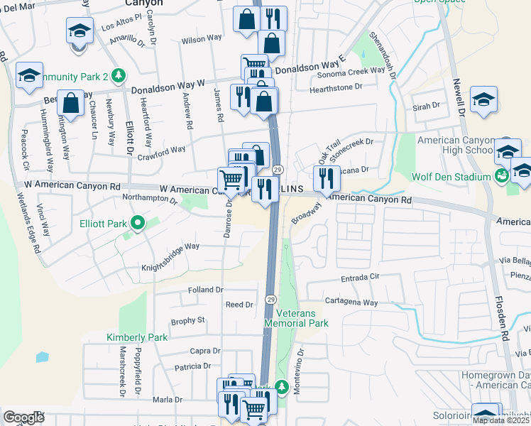 map of restaurants, bars, coffee shops, grocery stores, and more near 107 West American Canyon Road in American Canyon