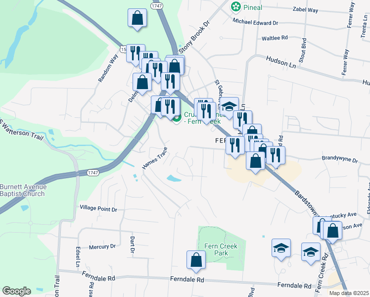 map of restaurants, bars, coffee shops, grocery stores, and more near 5800 Hudson Lake Drive in Louisville