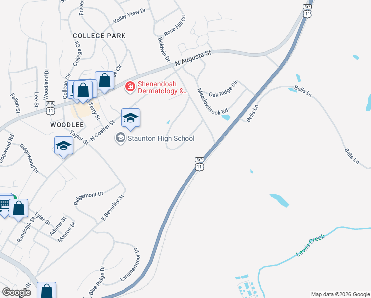 map of restaurants, bars, coffee shops, grocery stores, and more near 503-509 Mountain View Drive in Staunton