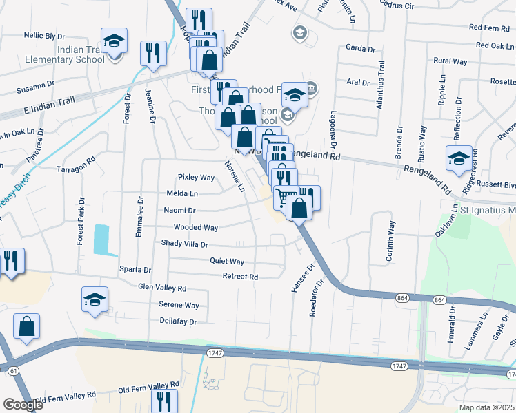 map of restaurants, bars, coffee shops, grocery stores, and more near 4304 Naomi Drive in Louisville