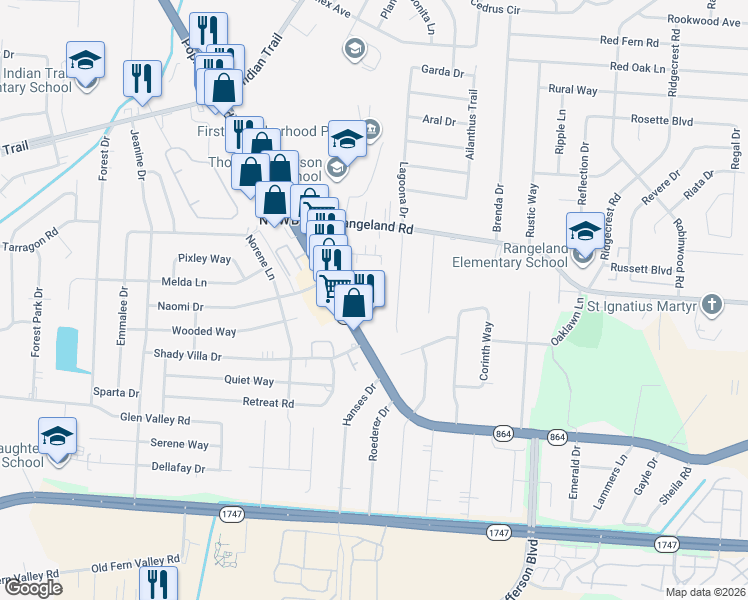 map of restaurants, bars, coffee shops, grocery stores, and more near 421 Poplar Level Court in Louisville