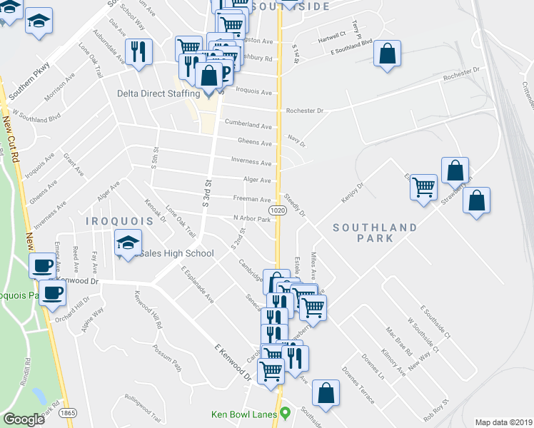 map of restaurants, bars, coffee shops, grocery stores, and more near 105 North Arbor Park in Louisville