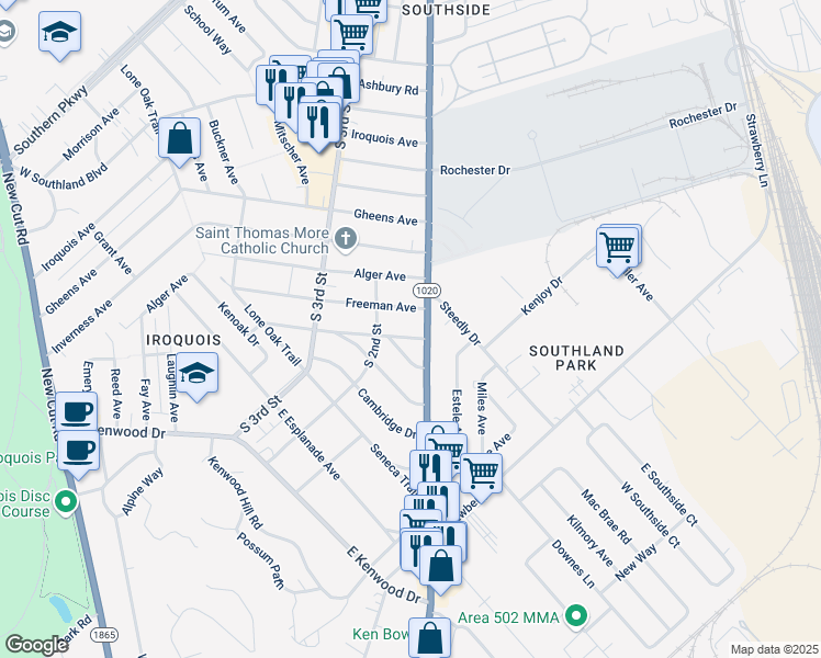 map of restaurants, bars, coffee shops, grocery stores, and more near 105 North Arbor Park in Louisville