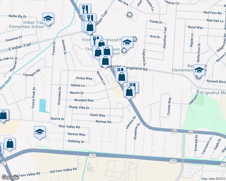 map of restaurants, bars, coffee shops, grocery stores, and more near 4304 Naomi Drive in Louisville