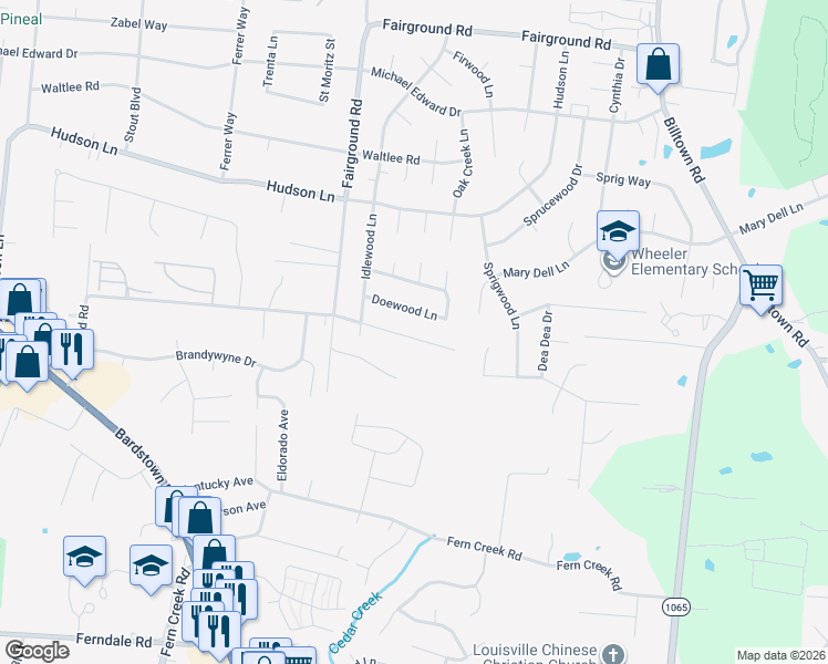 map of restaurants, bars, coffee shops, grocery stores, and more near 9505 Plumwood Road in Louisville