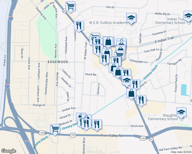 map of restaurants, bars, coffee shops, grocery stores, and more near 5905 Orville Drive in Louisville
