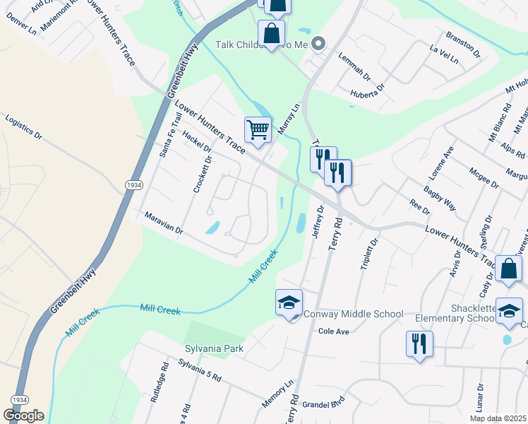 map of restaurants, bars, coffee shops, grocery stores, and more near 6504 Hunters Creek Boulevard in Louisville