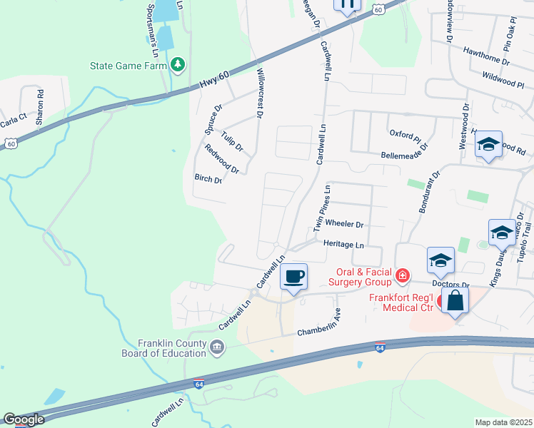 map of restaurants, bars, coffee shops, grocery stores, and more near 513 Old Station Road in Frankfort