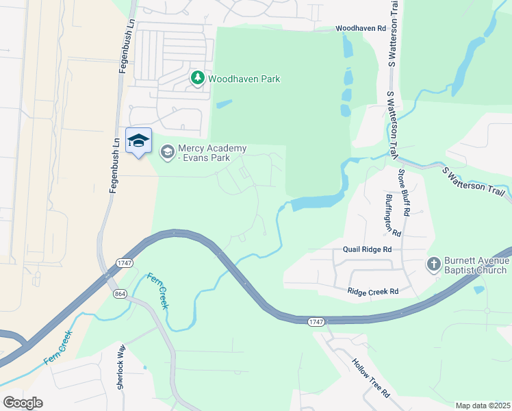 map of restaurants, bars, coffee shops, grocery stores, and more near 7101 Fern Ridge Road in Louisville