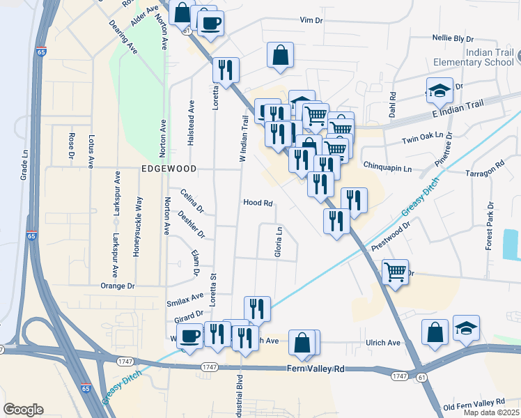 map of restaurants, bars, coffee shops, grocery stores, and more near 4812 Hood Road in Louisville