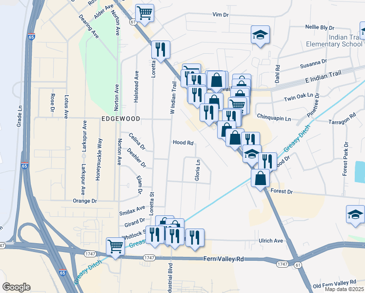 map of restaurants, bars, coffee shops, grocery stores, and more near 4812 Hood Road in Louisville