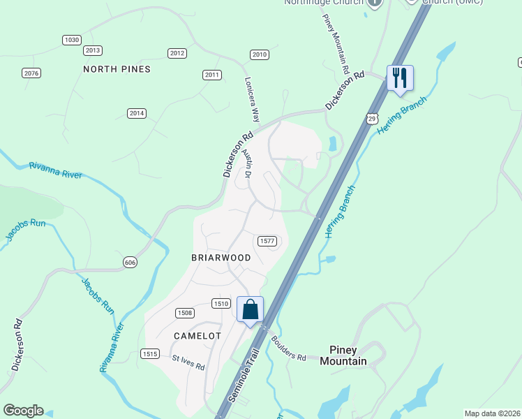 map of restaurants, bars, coffee shops, grocery stores, and more near 4667 Briarwood Drive in Charlottesville