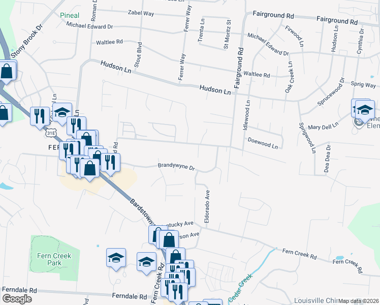 map of restaurants, bars, coffee shops, grocery stores, and more near 9210 Fairground Road in Louisville