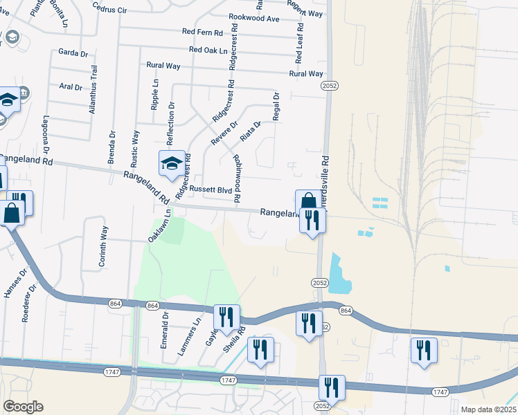 map of restaurants, bars, coffee shops, grocery stores, and more near 1818 Rangeland Road in Louisville