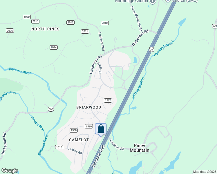 map of restaurants, bars, coffee shops, grocery stores, and more near County Road 1575 in Piney Mountain