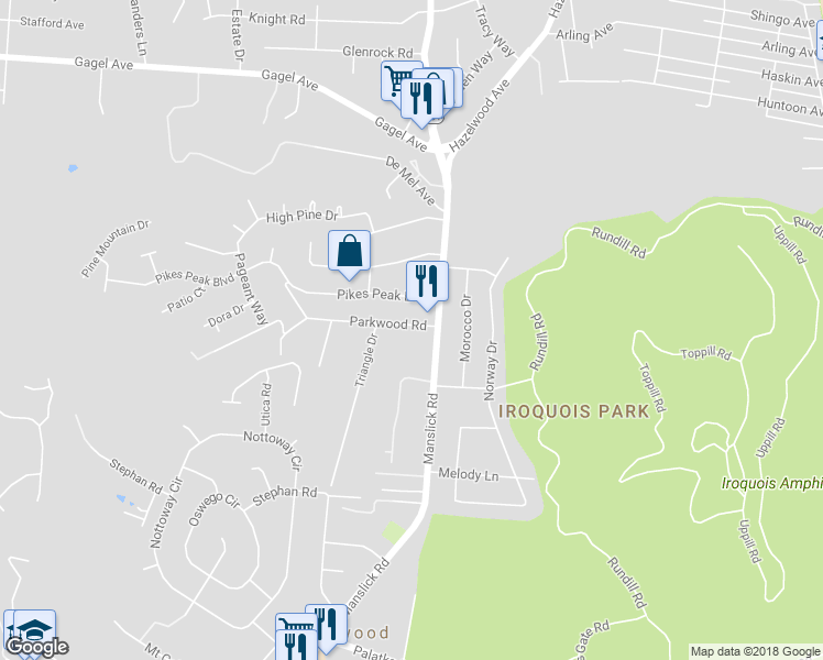 map of restaurants, bars, coffee shops, grocery stores, and more near 2206 Parkwood Road in Louisville