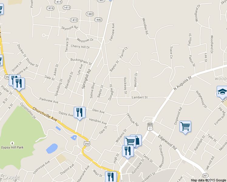 map of restaurants, bars, coffee shops, grocery stores, and more near 959 Donaghe Street in Staunton