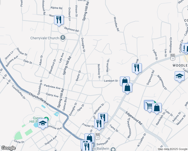 map of restaurants, bars, coffee shops, grocery stores, and more near 331 Lambert Street in Staunton