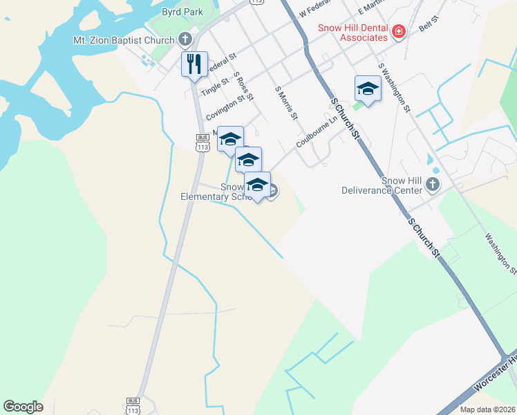 map of restaurants, bars, coffee shops, grocery stores, and more near 515 Coulbourne Lane in Snow Hill