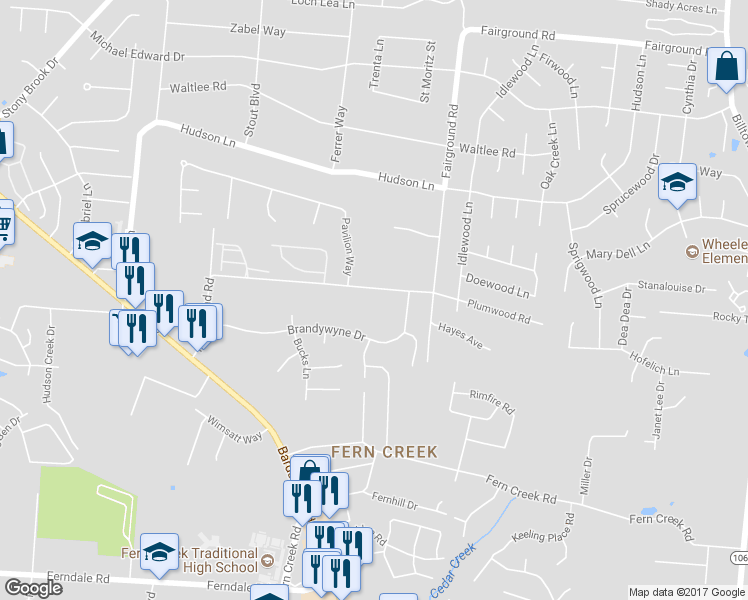 map of restaurants, bars, coffee shops, grocery stores, and more near 9210 Fairground Road in Louisville