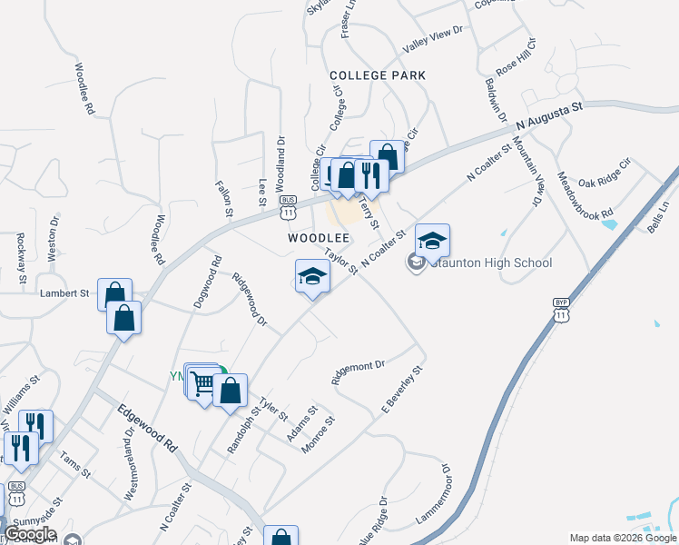 map of restaurants, bars, coffee shops, grocery stores, and more near 1110 North Coalter Street in Staunton