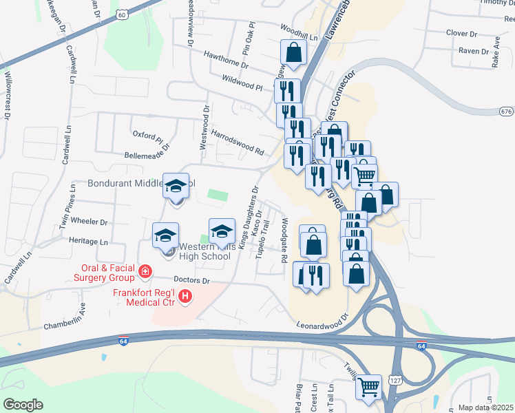 map of restaurants, bars, coffee shops, grocery stores, and more near 320-408 Kings Daughters Dr in Frankfort