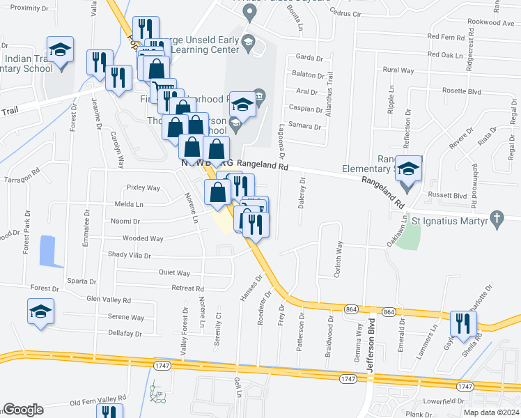 map of restaurants, bars, coffee shops, grocery stores, and more near 407 Poplar Level Court in Louisville