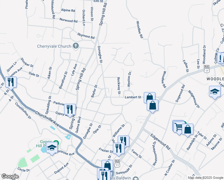 map of restaurants, bars, coffee shops, grocery stores, and more near 331 Lambert Street in Staunton