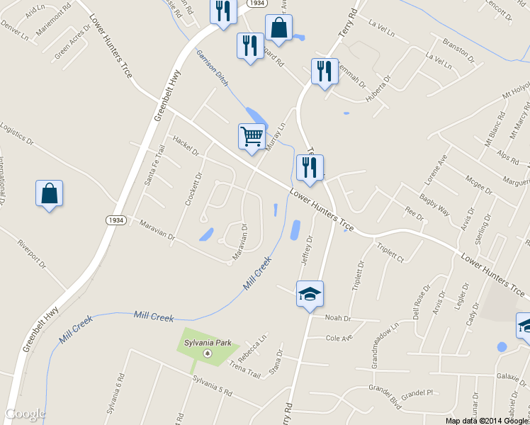 map of restaurants, bars, coffee shops, grocery stores, and more near 6504 Hunters Creek Boulevard in Louisville
