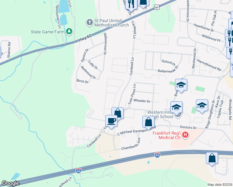 map of restaurants, bars, coffee shops, grocery stores, and more near Old Station Road in Frankfort