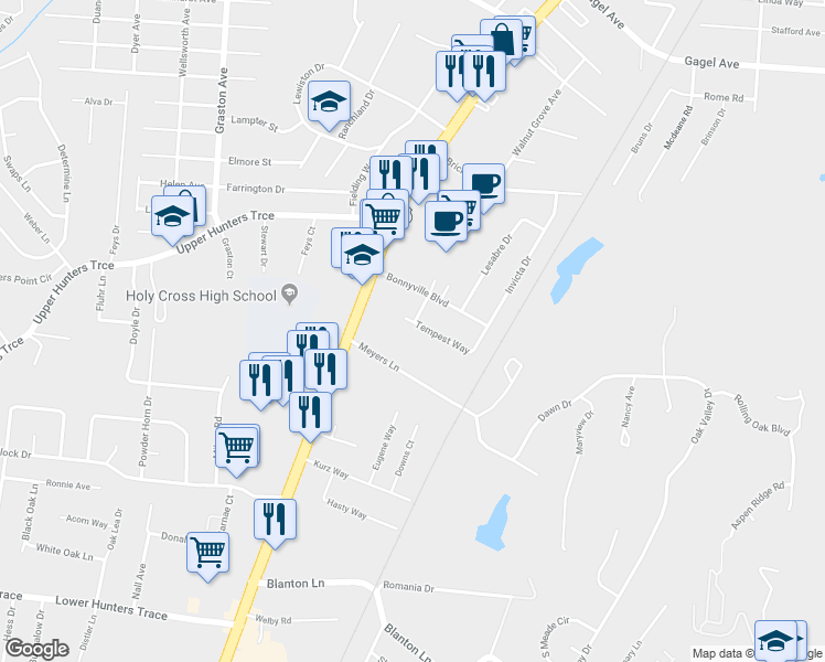 map of restaurants, bars, coffee shops, grocery stores, and more near 1731 Meyers Lane in Louisville