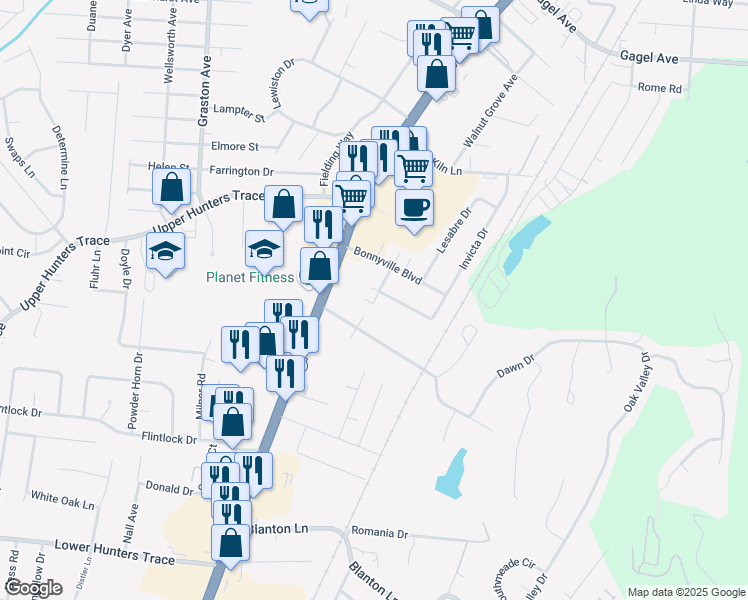 map of restaurants, bars, coffee shops, grocery stores, and more near 1731 Meyers Lane in Louisville