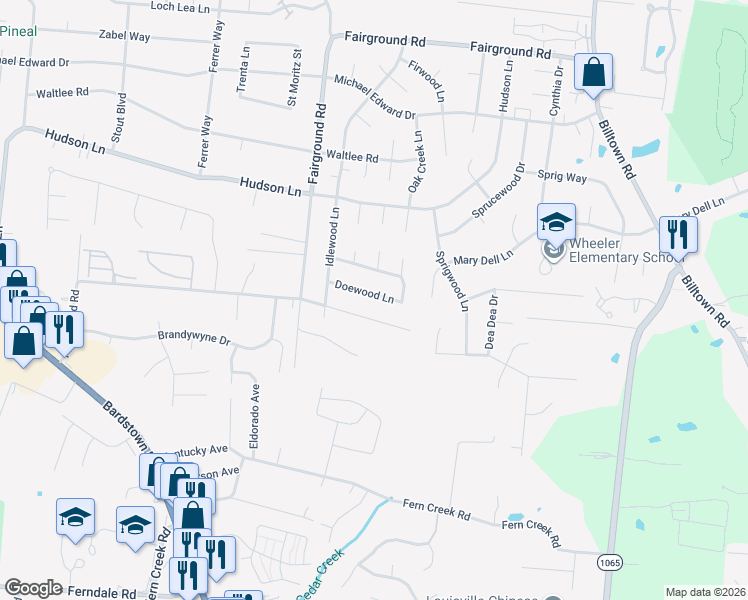 map of restaurants, bars, coffee shops, grocery stores, and more near 9505 Plumwood Road in Louisville
