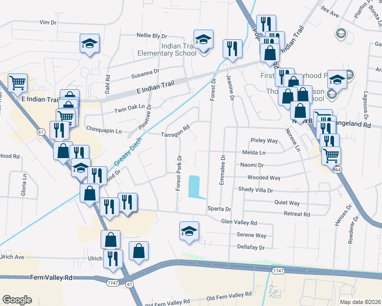 map of restaurants, bars, coffee shops, grocery stores, and more near 3805 Melda Lane in Louisville