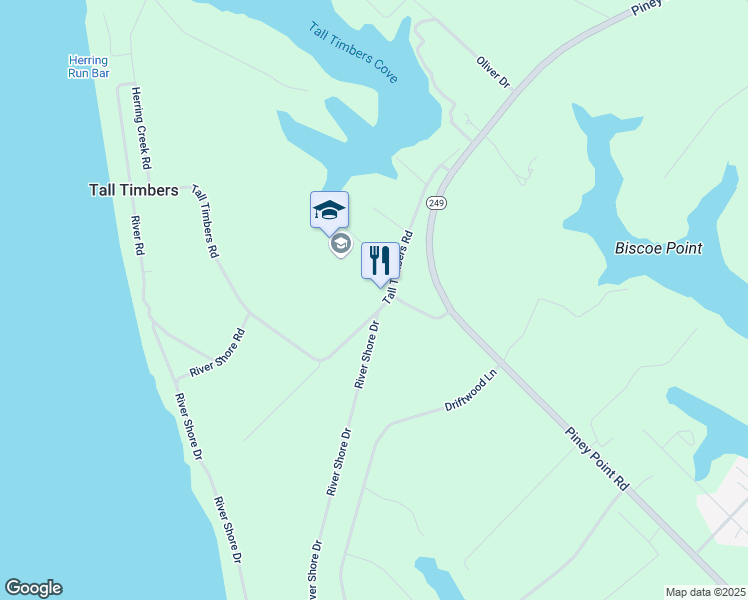 map of restaurants, bars, coffee shops, grocery stores, and more near 44574 Tall Timbers Road in Tall Timbers