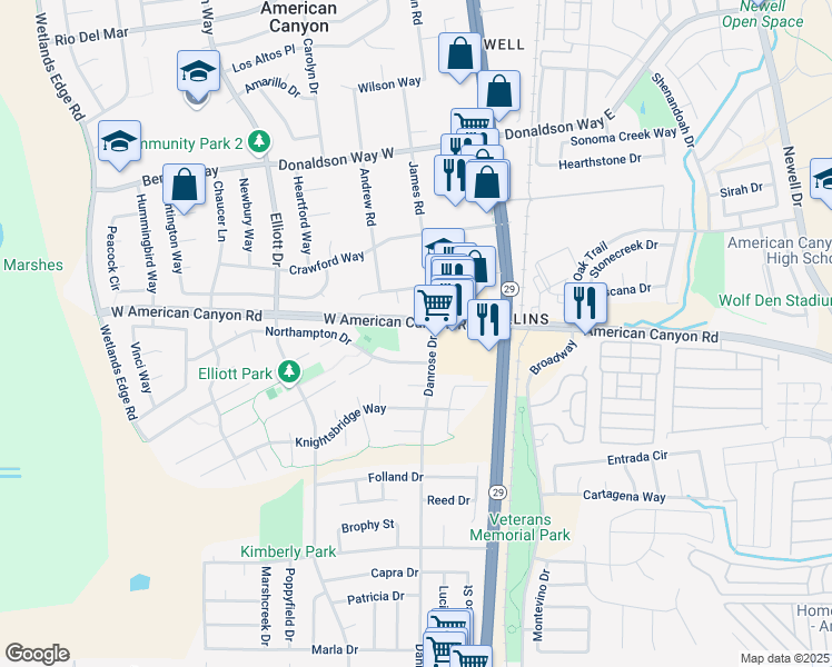 map of restaurants, bars, coffee shops, grocery stores, and more near 127 Thayer Way in American Canyon