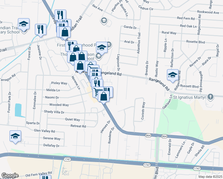 map of restaurants, bars, coffee shops, grocery stores, and more near 1512 Aletha Drive in Louisville