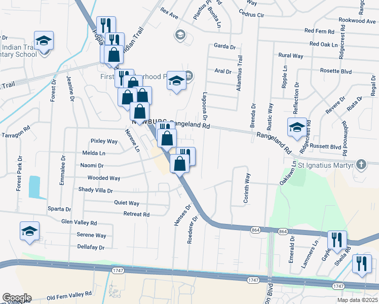 map of restaurants, bars, coffee shops, grocery stores, and more near 1512 Aletha Drive in Louisville