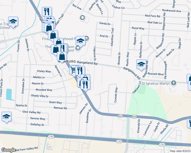 map of restaurants, bars, coffee shops, grocery stores, and more near 4917 Lagoona Drive in Louisville