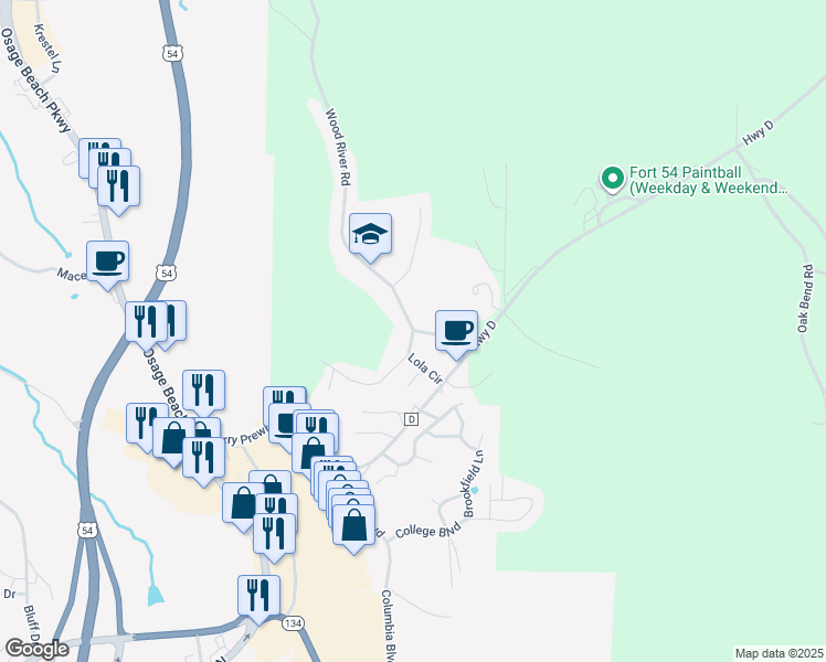 map of restaurants, bars, coffee shops, grocery stores, and more near 19 Osage Ridge Road in Lake Ozark